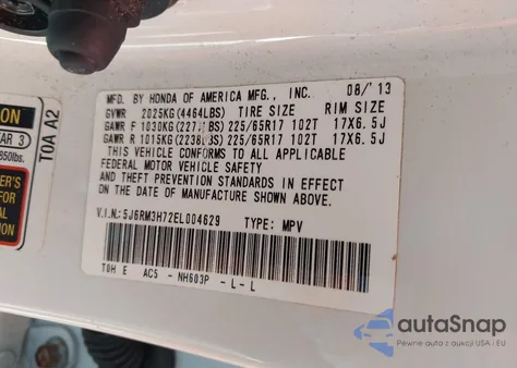 2014 Honda Cr-V Ex-L from USA, damaged, VIN 5J6RM3H72EL004629